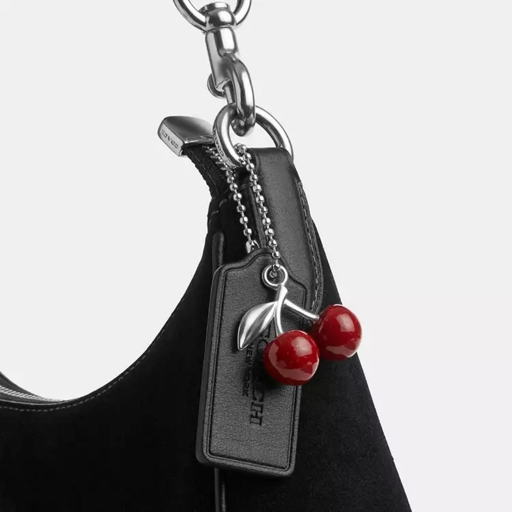 New! ☪️Coach Black Suede Teri Hobo Shoulder Bag With Red Cherry 🍒 Charm - Picture 6 of 12